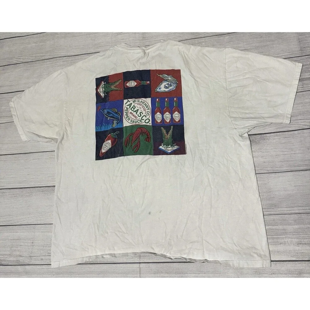 Vintage 90s Tabasco Hot Sauce Graphic T Shirt Rare Design Size 2XL XXL Defects - Picture 1 of 8